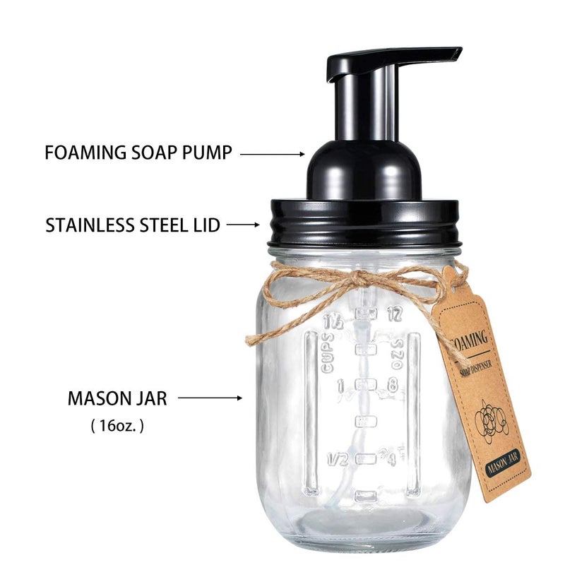 Amolliar Mason Jar Foaming Soap Dispenser, Plastic Pump Rustproof Stainless Steel Lid, Waterproof Label, Rustic Farmhouse Decor Hand Soap Dispenser, Dish Soap for Bathroom, Kitchen, Bath, Black 2 Pack - Image 4